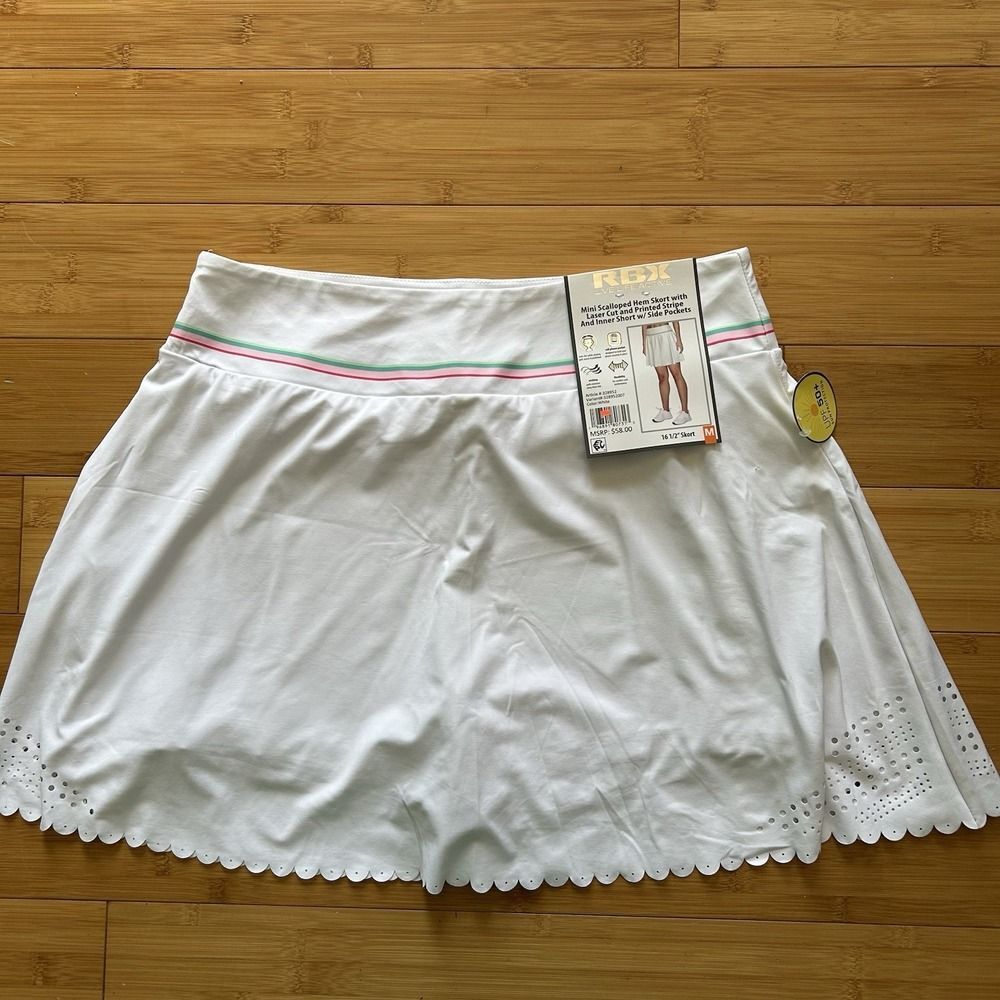 RBX Womens Mini Scalloped Hem Skort White Med Laser Cut Tennis Activewear